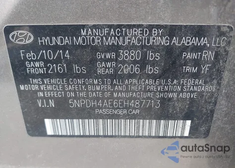 2014 Hyundai Elantra Se z USA, uszkodzony, nr VIN 5NPDH4AE6EH487713